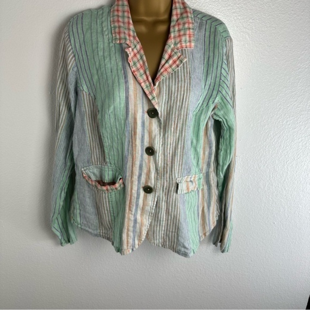 Flax Multicolored Striped 100% Linen Button Front Flap Front Pockets Blazer M?